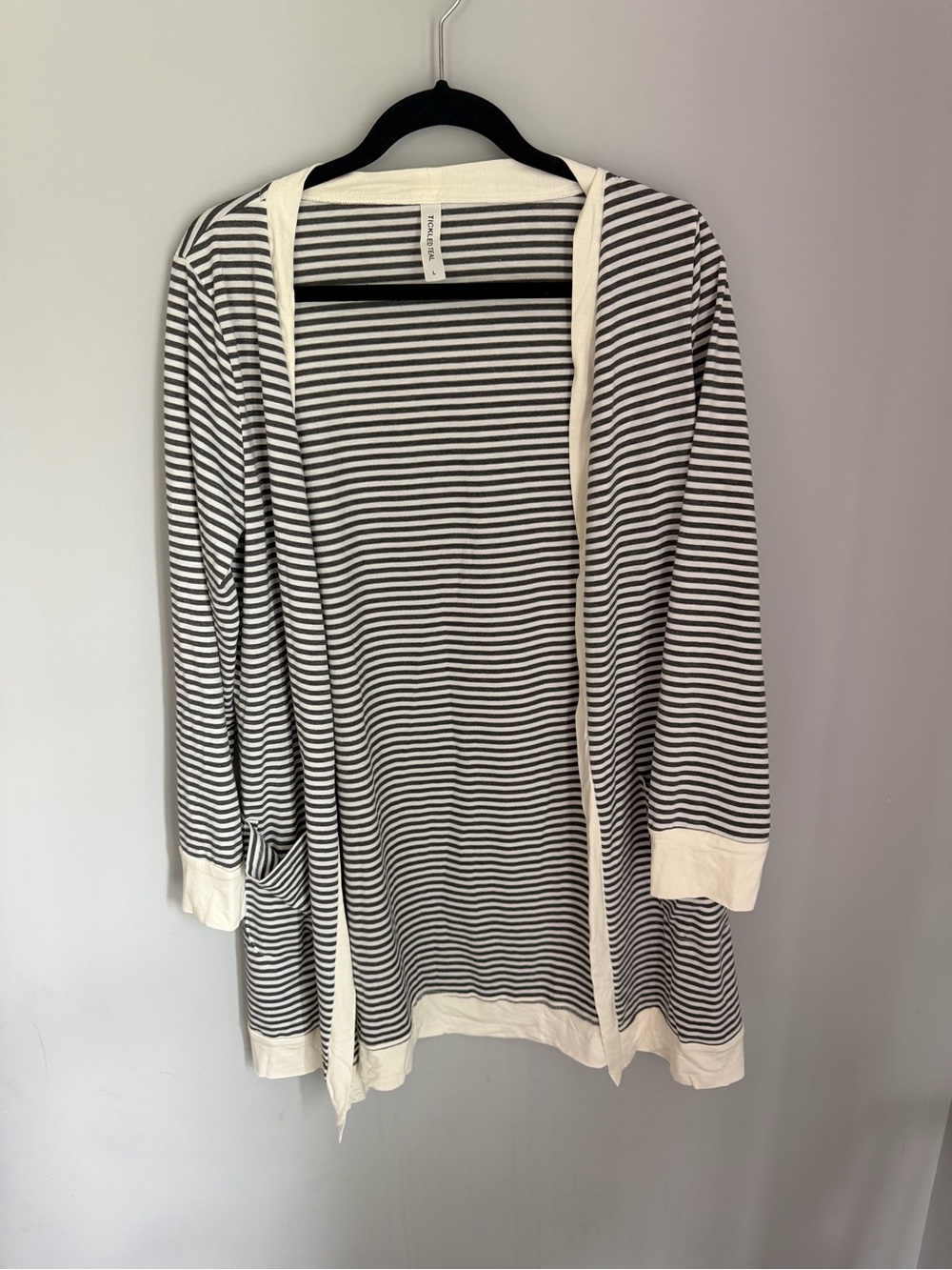 Tickled Teal Striped Open Front Cardigan Women’s L Gray Ivory Pocket Longline